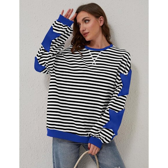 Women Oversized Cotton Blend Striped Star Crew Neck Pullover Sweater - Picture 6 of 7
